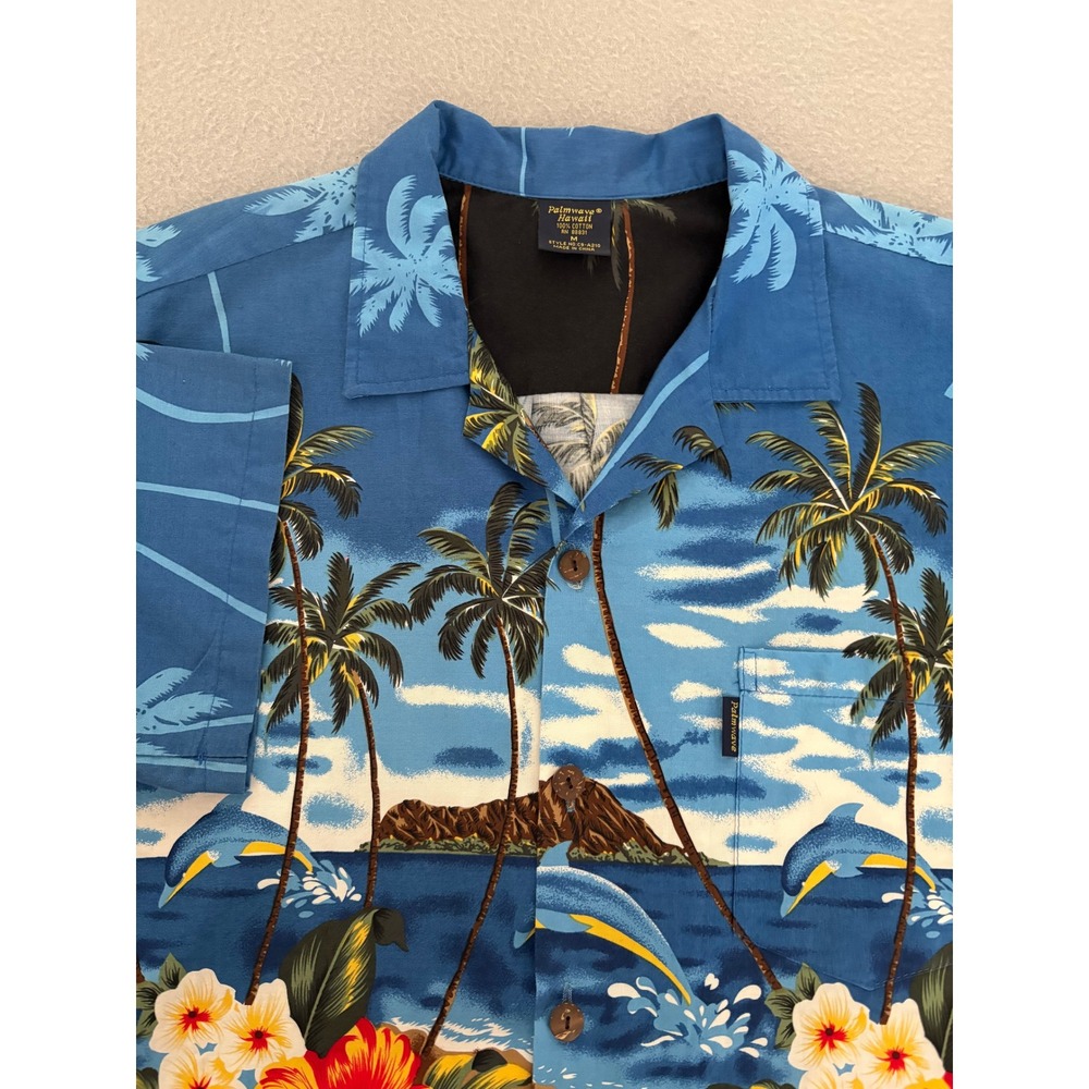 Palmwave Mens Hawaiian Shirt Medium Blue Cotton Tropical Dolphin Hibiscus Scenic